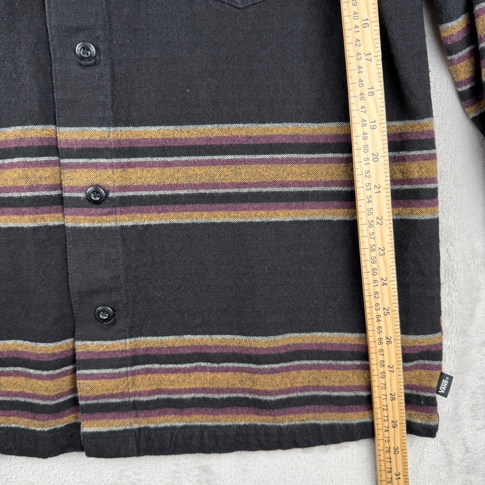 Vans Mens Large Hooded Flannel Shirt Black Gold Burgundy Striped Button Up L - Picture 4 of 5